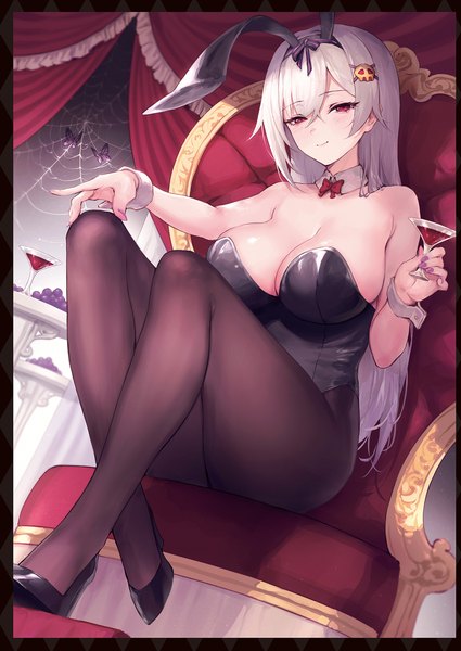 Anime picture 1359x1920 with original haoni single long hair tall image looking at viewer blush fringe breasts light erotic hair between eyes red eyes sitting holding animal ears silver hair full body bent knee (knees) indoors nail polish