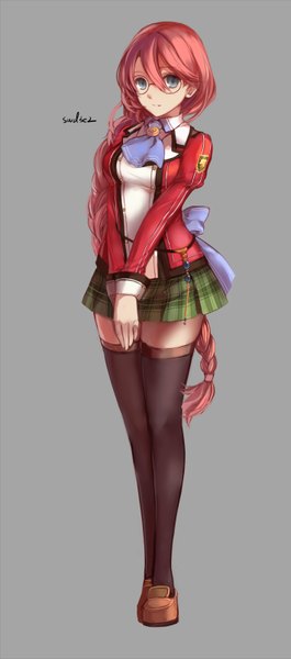 Anime picture 1417x3200 with swd3e2 long hair tall image looking at viewer blue eyes simple background pink hair braid (braids) grey background girl thighhighs skirt uniform black thighhighs school uniform glasses