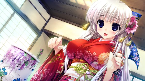 Anime picture 2560x1440 with prism recollection ashwin aina shintarou single long hair blush highres breasts open mouth blue eyes light erotic wide image large breasts game cg white hair japanese clothes hair flower girl hair ornament ribbon (ribbons)
