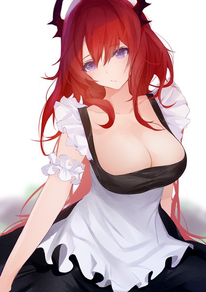 Anime picture 2100x2970 with arknights surtr (arknights) nye1o7 single long hair tall image looking at viewer fringe highres breasts light erotic simple background hair between eyes large breasts standing white background purple eyes cleavage red hair head tilt