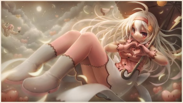 Anime picture 1321x750 with original emperpep long hair blush short hair light erotic smile wide image pink hair sky cloud (clouds) white hair orange eyes muscle framed girl thighhighs boy gloves bow