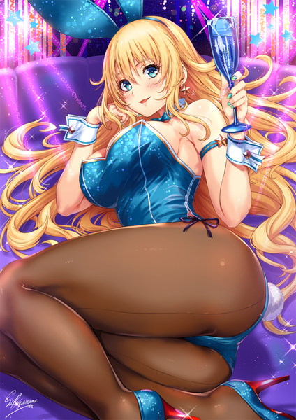 Anime picture 1000x1414 with kantai collection atago heavy cruiser sakiyamama single long hair tall image looking at viewer blush fringe breasts open mouth blue eyes light erotic blonde hair smile hair between eyes large breasts holding signed animal ears