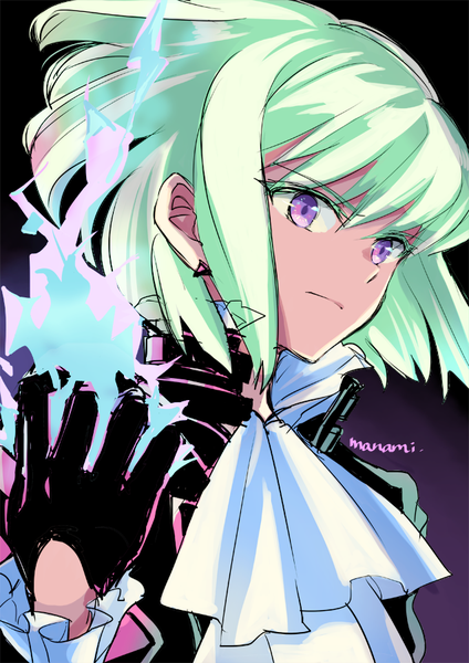 Anime picture 636x900 with promare studio trigger lio fotia sugano manami single tall image short hair simple background purple eyes signed looking away upper body green hair black background boy gloves black gloves ascot