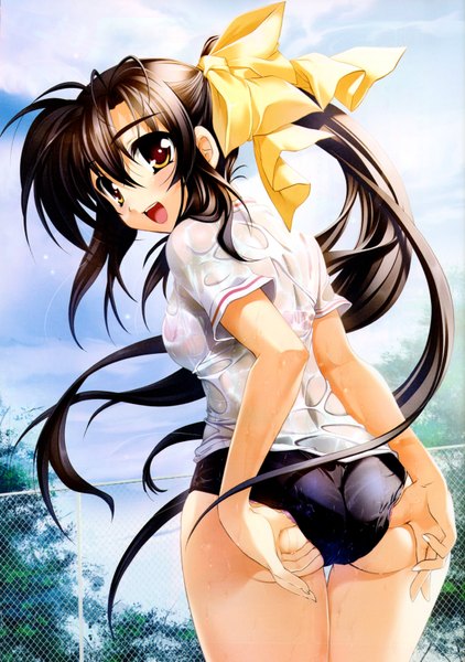 Anime picture 4694x6667 with kanna (plum) single long hair tall image looking at viewer blush highres open mouth light erotic smile brown hair yellow eyes absurdres sky cloud (clouds) ponytail wet back happy hands behind back
