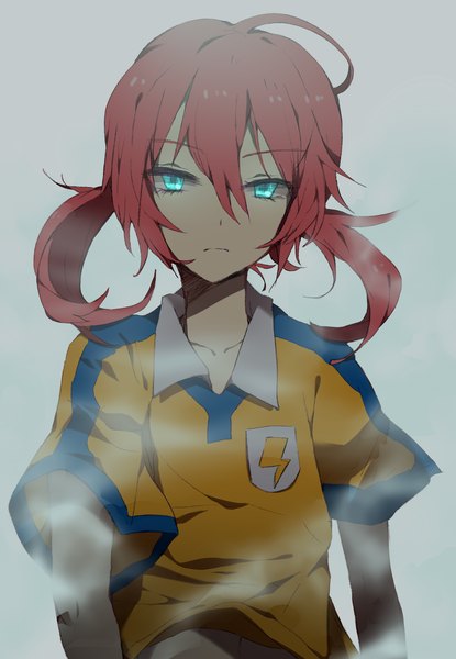 Anime picture 1489x2150 with inazuma eleven inazuma eleven go kirino ranmaru koko (kotobutyann) single tall image looking at viewer short hair simple background twintails ahoge red hair aqua eyes grey background low twintails short twintails boy uniform gym uniform