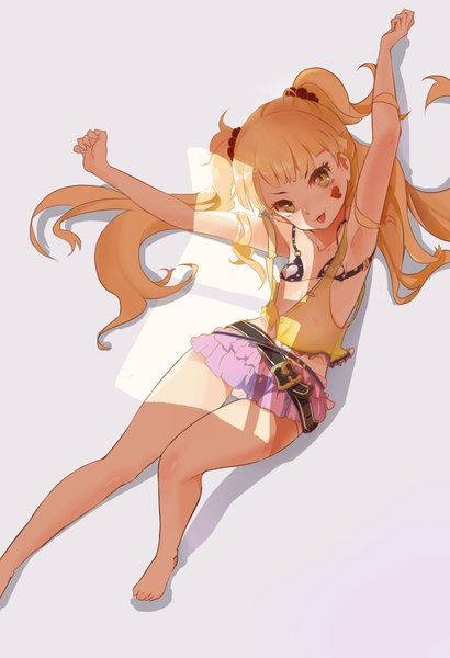 Anime picture 1595x2330 with original ma monkey shochu single long hair tall image blush light erotic simple background blonde hair twintails yellow eyes barefoot arms up shadow armpit (armpits) face paint girl skirt underwear panties