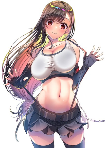 Anime picture 853x1200 with final fantasy final fantasy vii final fantasy vii remake square enix tifa lockhart asahina hikage single long hair tall image looking at viewer blush fringe breasts light erotic black hair simple background smile red eyes large breasts standing