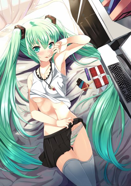 Anime picture 1316x1861 with vocaloid hatsune miku xephonia single tall image looking at viewer blush light erotic lying very long hair aqua eyes aqua hair finger to mouth girl thighhighs skirt hair ornament underwear panties miniskirt