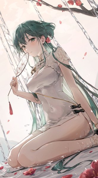Anime picture 1557x2830 with vocaloid hatsune miku shaohua hatsune miku ekina (1217) single tall image looking at viewer blush fringe breasts hair between eyes sitting holding very long hair traditional clothes aqua eyes aqua hair short sleeves dutch angle covered navel