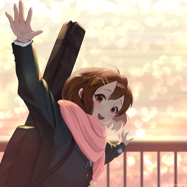 Anime picture 2400x2400 with k-on! kyoto animation hirasawa yui omochiarts single looking at viewer blush fringe highres short hair open mouth hair between eyes brown hair brown eyes outdoors :d teeth lens flare spread arms girl