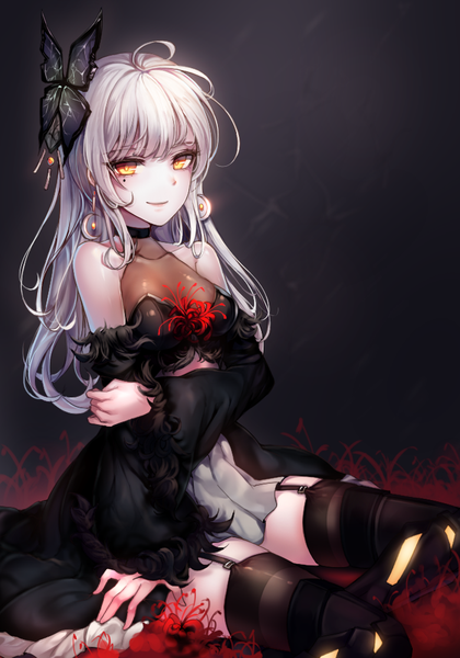 Anime picture 700x1000 with original zerocat single long hair tall image looking at viewer fringe simple background smile sitting bare shoulders yellow eyes ahoge bent knee (knees) white hair long sleeves mole zettai ryouiki mole under eye glowing