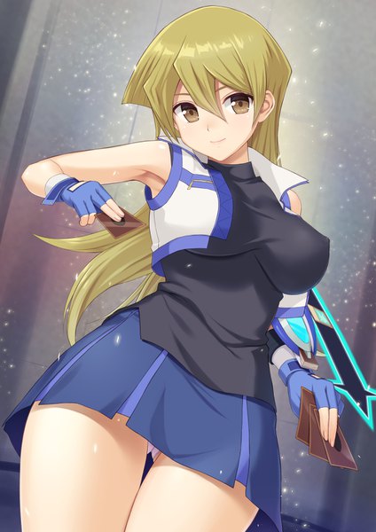 Anime picture 1000x1414 with yu-gi-oh! yu-gi-oh! gx tenjouin asuka n.g. single long hair tall image looking at viewer blush fringe breasts light erotic blonde hair smile hair between eyes large breasts standing holding brown eyes indoors