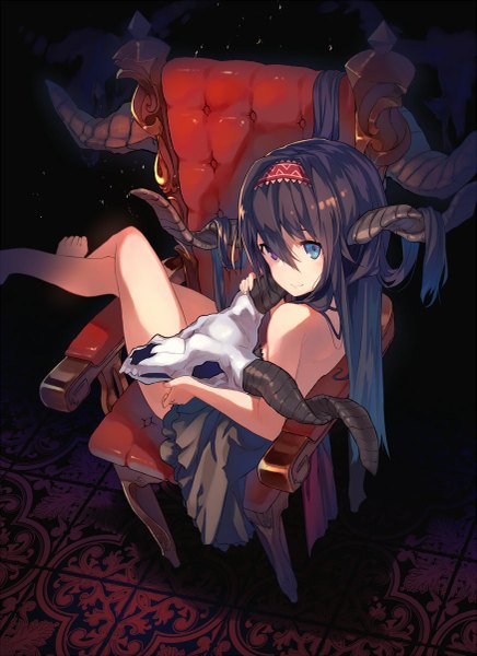 Anime picture 873x1200 with original yoo (tabi no shiori) single long hair tall image looking at viewer blush fringe blue eyes black hair smile hair between eyes sitting purple eyes bare shoulders holding payot bent knee (knees) barefoot horn (horns)
