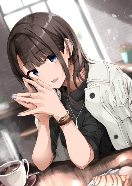 Anime picture 2150x3036 with original fuu (fuore) single long hair tall image looking at viewer fringe highres open mouth blue eyes smile brown hair indoors nail polish :d fingernails dutch angle steam clothes on shoulders fingers together