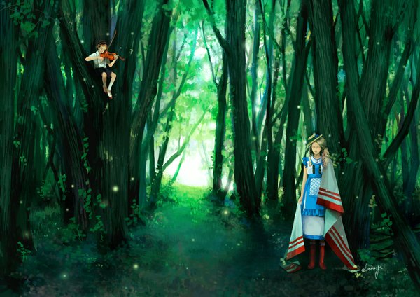 Anime picture 1100x778 with daisy (artist) blonde hair brown hair sitting braid (braids) eyes closed wavy hair music girl plant (plants) hat tree (trees) forest child (children) straw hat fireflies violin bow (instrument)