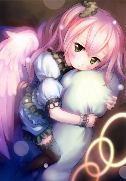 Anime picture 2122x3036 with original takoyaki (roast) single long hair tall image looking at viewer blush highres green eyes pink hair scan hug angel wings girl thighhighs dress black thighhighs wings frills pillow