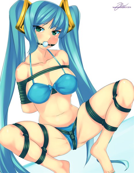 Anime picture 868x1118 with league of legends sona buvelle kin no tatchi (kanente) single tall image looking at viewer blush breasts light erotic large breasts twintails green eyes blue hair very long hair spread legs bondage girl navel swimsuit bikini