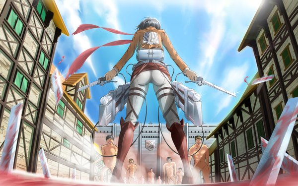 Anime picture 3840x2400 with shingeki no kyojin production i.g mikasa ackerman brianchan.t.w highres short hair light erotic black hair wide image absurdres cloud (clouds) ass from behind from below back battle skin tight giant girl weapon