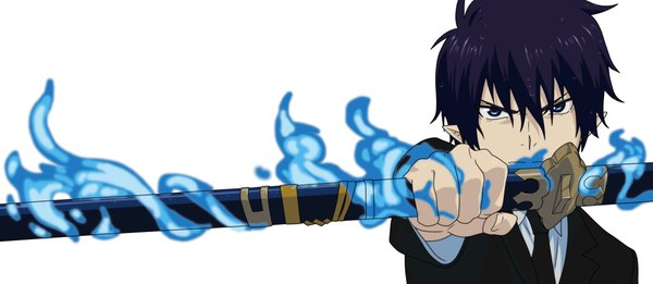 Anime picture 4479x1953 with ao no exorcist a-1 pictures okumura rin single looking at viewer blush highres short hair blue eyes black hair simple background wide image white background pointy ears glowing boy weapon sword katana suit