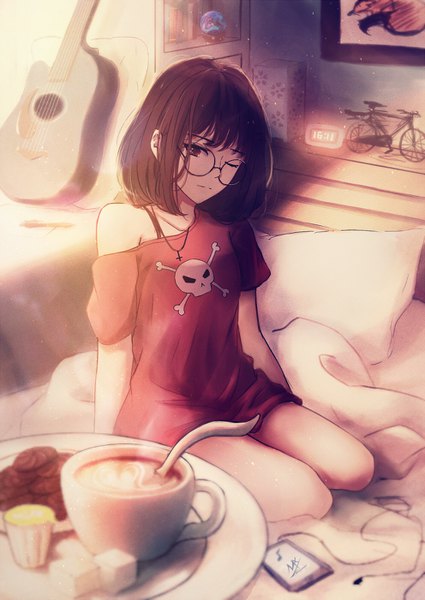 Anime picture 992x1402 with original shimmer single tall image short hair black hair sitting brown eyes indoors one eye closed skull and crossbones skull print girl glasses mobile phone smartphone musical instrument guitar cookie (cookies)