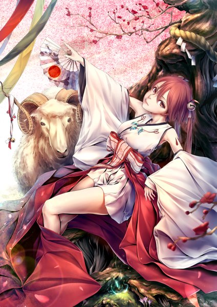Anime picture 1131x1600 with original oki (koi0koi) single long hair tall image brown hair twintails brown eyes horn (horns) cherry blossoms girl flower (flowers) plant (plants) detached sleeves animal petals tree (trees) fan