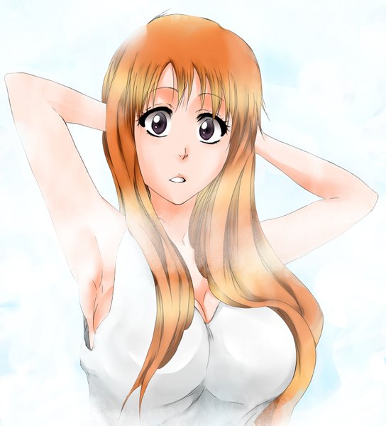 Anime picture 1500x1653 with bleach studio pierrot inoue orihime tagme (artist) single long hair tall image looking at viewer breasts blue eyes large breasts white background cleavage orange hair portrait arms behind head steam girl dress white dress