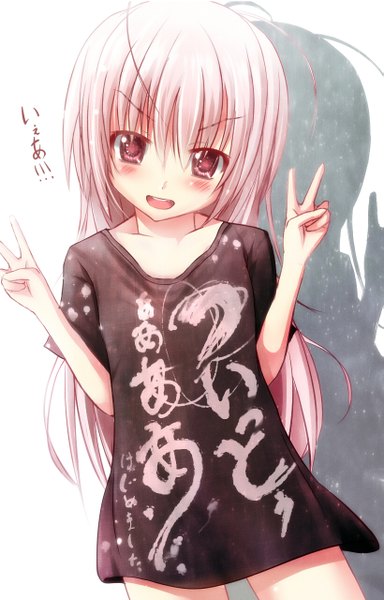 Anime picture 819x1280 with original missle228 single long hair tall image looking at viewer blush breasts open mouth smile pink hair ahoge pink eyes inscription loli victory flat chest girl t-shirt