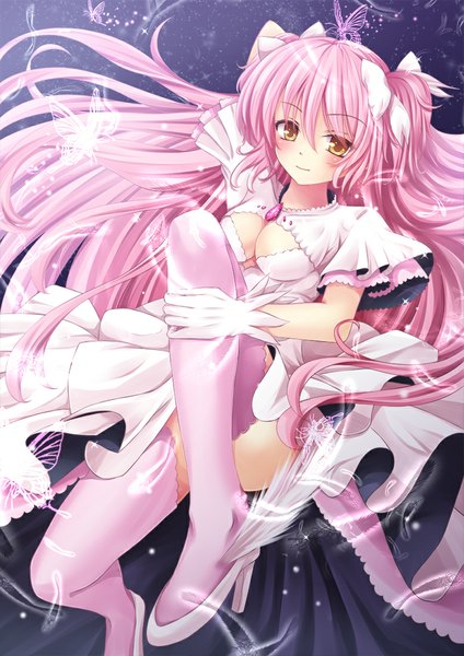 Anime picture 778x1100 with mahou shoujo madoka magica shaft (studio) kaname madoka toshi (1-147) single long hair tall image looking at viewer blush yellow eyes pink hair girl thighhighs dress bow hair bow wings insect butterfly