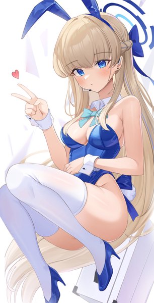 Anime picture 1847x3619 with blue archive toki (blue archive) toki (bunny) (blue archive) pang-yo single tall image blush fringe highres breasts blue eyes light erotic simple background blonde hair large breasts white background bare shoulders animal ears looking away cleavage