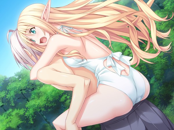 Anime picture 1600x1200 with maou to odore! long hair open mouth light erotic blonde hair green eyes game cg pointy ears girl boy swimsuit