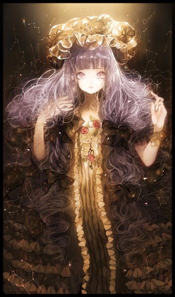 Anime picture 1476x2508 with touhou patchouli knowledge majamari single tall image looking at viewer fringe purple eyes purple hair very long hair alternate costume wavy hair constellation girl dress flower (flowers) bow hair bow frills black dress
