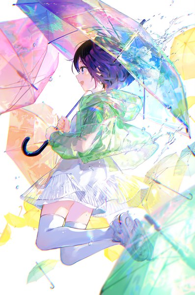 Anime picture 1322x2000 with original fuzichoco single tall image fringe short hair open mouth blue eyes simple background smile holding looking away purple hair full body long sleeves :d profile open jacket soles jumping