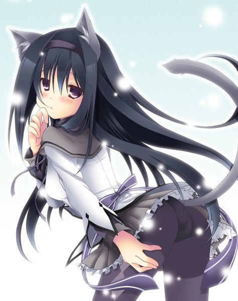Anime picture 1200x1516 with mahou shoujo madoka magica shaft (studio) akemi homura hikanyan long hair tall image blush light erotic black hair simple background red eyes white background animal ears ass animal tail looking back cat ears cat tail girl underwear