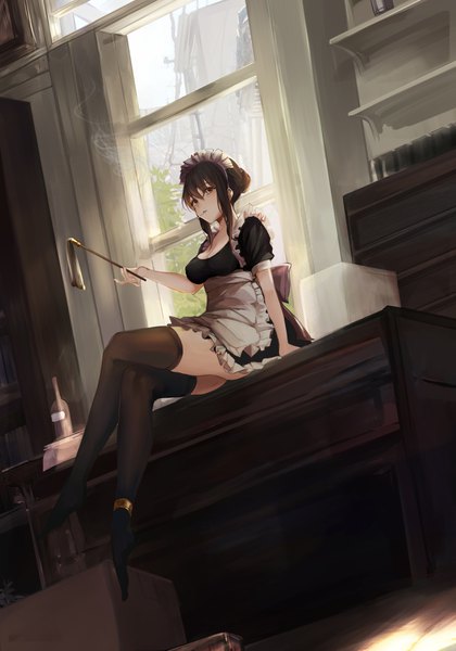 Anime picture 2481x3541 with original ayubee single long hair tall image looking at viewer fringe highres breasts black hair hair between eyes red eyes sitting holding cleavage full body indoors maid hair bun (hair buns) dutch angle