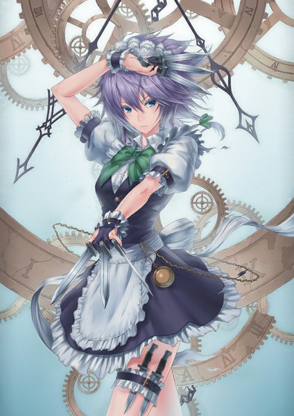 Anime picture 707x1000 with touhou izayoi sakuya 2d (artist) single tall image fringe short hair blue eyes standing holding looking away purple hair maid hand on head girl bow weapon hair bow headdress bowtie