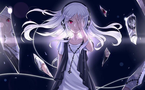 Anime picture 1920x1200 with original vocaloid gorillaz 2d 2d (artist) single long hair looking at viewer highres red eyes standing white hair flat chest reflection dark background expressionless girl headphones jewelry necklace