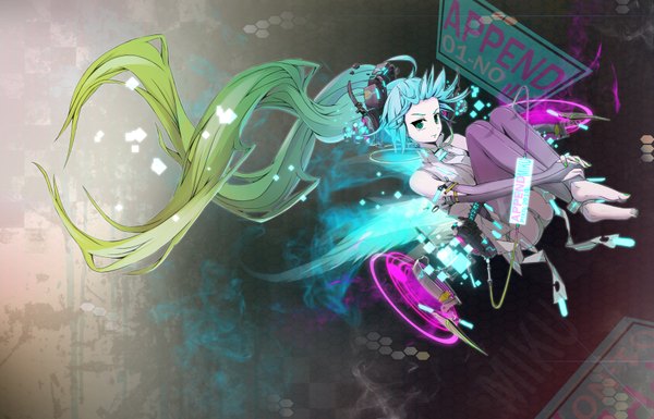 Anime picture 3508x2256 with vocaloid vocaloid append hatsune miku hatsune miku (append) hin (conqueror) single long hair highres absurdres very long hair multicolored hair barefoot leg hug girl detached sleeves