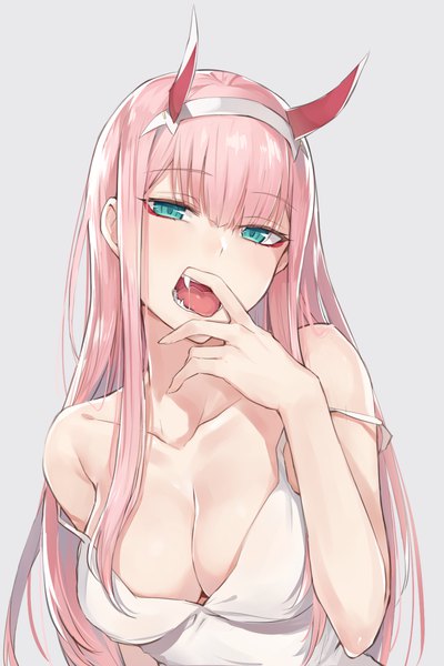 Anime picture 1002x1500 with darling in the franxx studio trigger zero two (darling in the franxx) kyouki single long hair tall image looking at viewer blush fringe breasts open mouth light erotic simple background hair between eyes large breasts bare shoulders payot pink hair cleavage