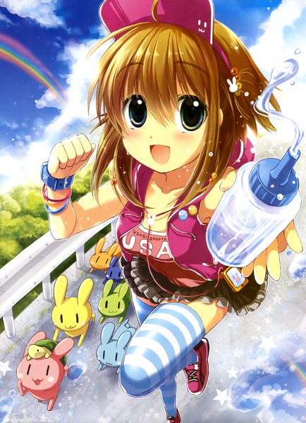 Anime picture 2869x3962 with original dengeki moeou izumi rei tall image looking at viewer blush fringe highres short hair open mouth blue eyes hair between eyes brown hair standing holding payot sky cloud (clouds) outdoors arm up