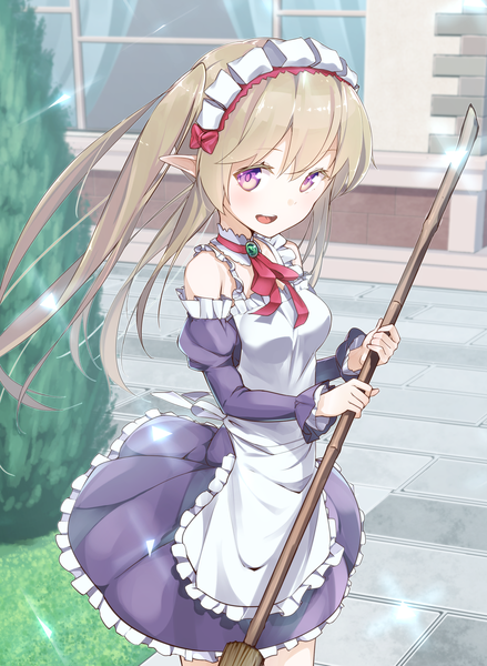 Anime picture 1678x2296 with outbreak company feel (studio) myucel foalan ninnzinn single long hair tall image looking at viewer blush open mouth blonde hair smile brown hair standing purple eyes holding pointy ears maid elf girl
