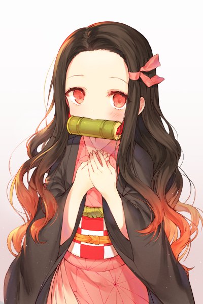 Anime picture 800x1200 with kimetsu no yaiba ufotable kamado nezuko kh (kh 1128) single long hair tall image looking at viewer blush black hair red eyes holding red hair traditional clothes japanese clothes multicolored hair two-tone hair gradient background mouth hold hand on chest