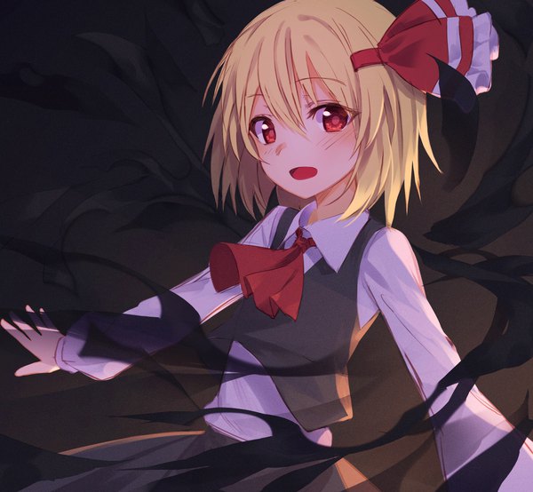 Anime picture 1934x1786 with touhou rumia lo-ta single fringe highres short hair open mouth blonde hair hair between eyes red eyes upper body black background spread arms girl skirt ribbon (ribbons) hair ribbon shirt white shirt