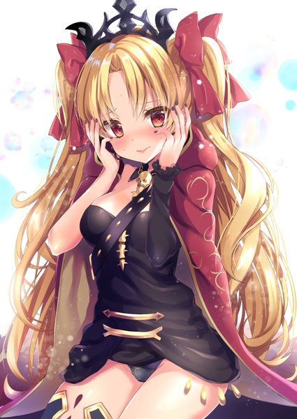 Anime picture 1450x2048 with fate (series) fate/grand order ereshkigal (fate) honoka (1399871) single long hair tall image blush fringe breasts light erotic blonde hair simple background red eyes large breasts white background sitting blunt bangs nail polish two side up