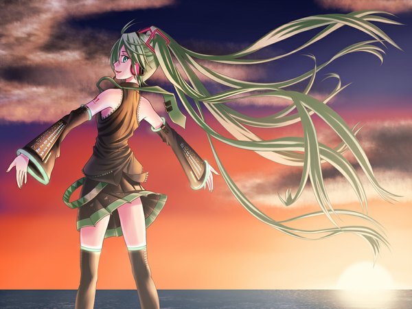 Anime picture 1024x768 with vocaloid hatsune miku sukua long hair twintails green eyes sky cloud (clouds) very long hair green hair evening sunset girl thighhighs skirt detached sleeves water sun headset