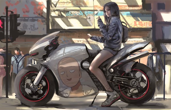 Anime picture 7117x4566 with one-punch man original madhouse saitama (one-punch man) wlop long hair highres black hair sitting looking away absurdres full body bent knee (knees) outdoors parted lips lips black eyes bare legs tattoo solo focus
