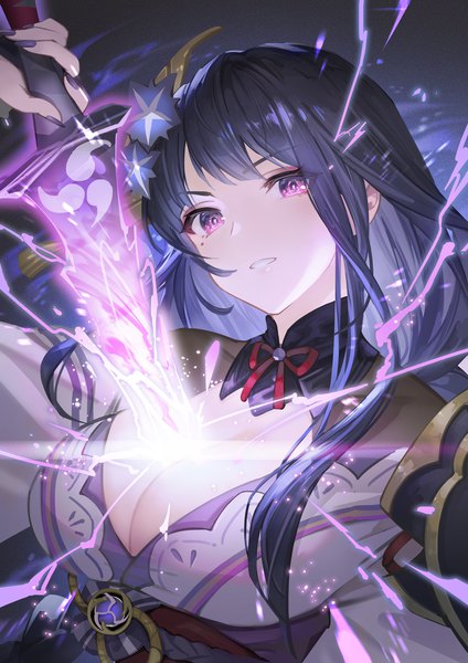 Anime picture 1080x1528 with genshin impact raiden shogun noir eku single long hair tall image breasts light erotic large breasts purple eyes cleavage purple hair upper body parted lips mole mole under eye electricity unsheathing girl weapon
