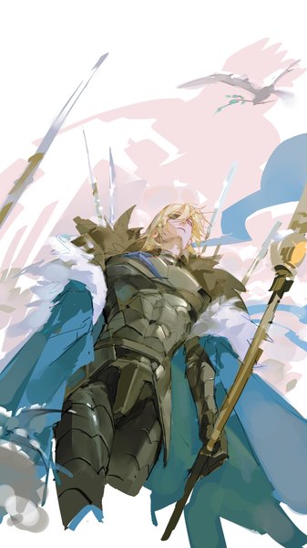 Anime picture 2304x4096 with fire emblem fire emblem: three houses nintendo dimitri alexandre blaiddyd zn ineedgta6 single tall image fringe highres short hair blonde hair hair between eyes standing holding looking away from below sketch boy weapon animal