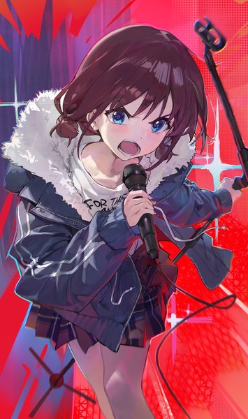 Anime picture 993x1677 with girls band cry toei animation iseri nina fatur rasid single tall image short hair open mouth blue eyes brown hair twintails looking away open jacket low twintails short twintails singing girl jacket microphone microphone stand