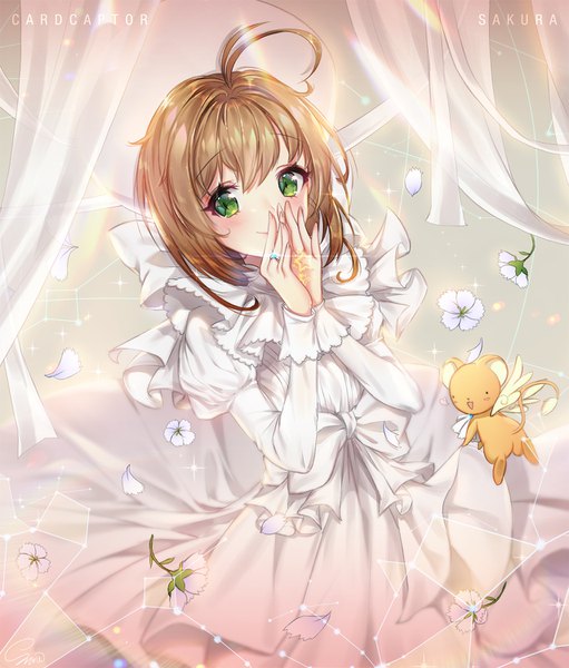 Anime picture 1278x1500 with card captor sakura clamp kinomoto sakura kero (cardcaptor sakura) snow is single tall image blush short hair smile brown hair green eyes looking away ahoge sparkle copyright name hands clasped girl dress flower (flowers)