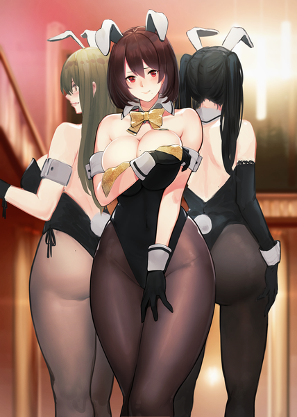 Anime picture 2976x4175 with original hayabusa long hair tall image looking at viewer blush fringe highres short hair breasts light erotic hair between eyes red eyes brown hair large breasts standing twintails multiple girls brown eyes animal ears